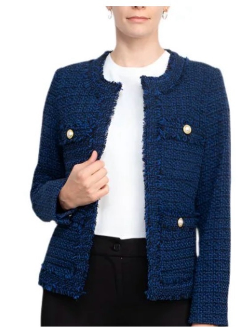 Nanette Lepore Blazer Womens Size 16 Blue Black Tweed Fringe Jacket Pearl Button